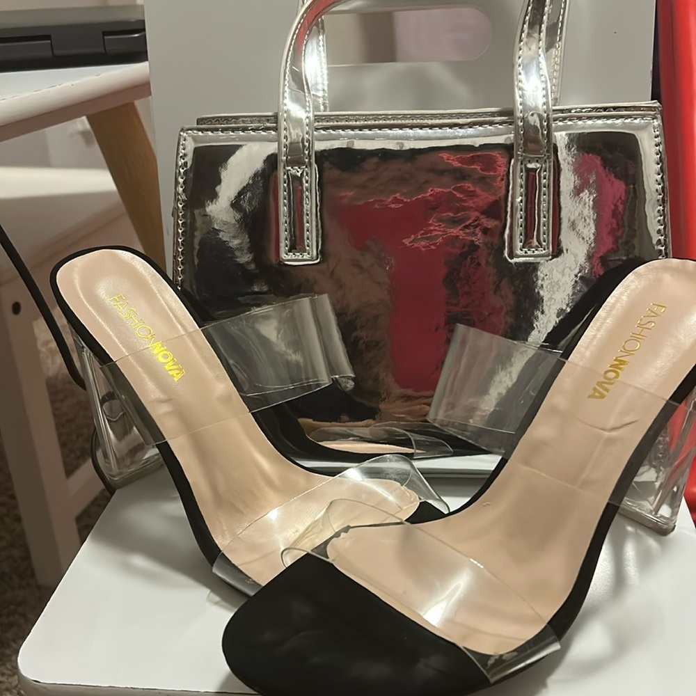 Mini Purse (fits a good amount of stuff) and fashion nova clear heels!